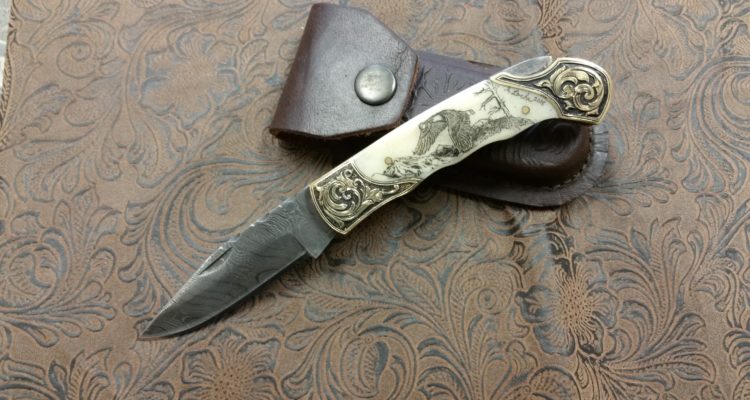 Scrimshaw Eagle Hand Engraved Damascus Steel Knife by Jeff Loehr