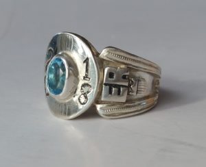 Silver Class Ring with Blue Topaz Hand Engraved & Hand Carved