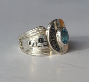 Silver Class Ring with Blue Topaz Hand Engraved & Hand Carved