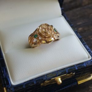 Hand Carved Rose Engagement Ring Gold and Emerald (1)