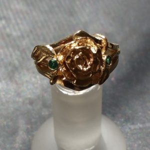 Hand Carved Rose Engagement Ring Gold and Emerald (2)