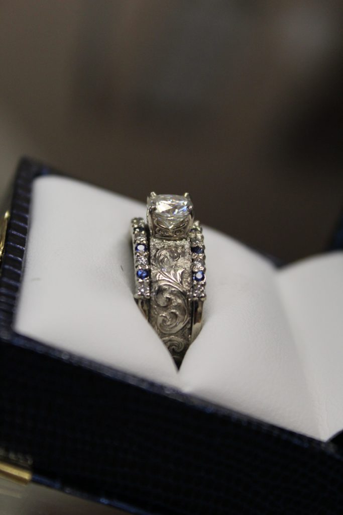 White Gold Hand-Engraved Diamond & Sapphire Wedding Set