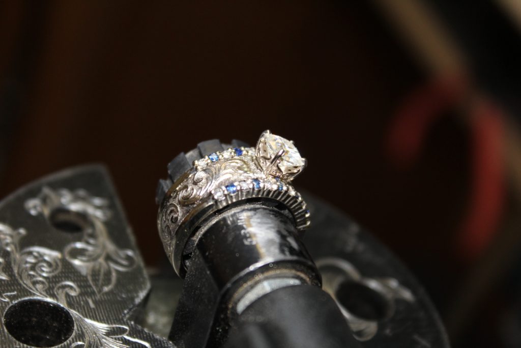 White Gold Hand-Engraved Diamond & Sapphire Wedding Set