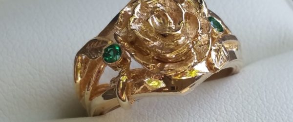 Hand Carved Rose Engagement Ring Gold and Emerald thumb