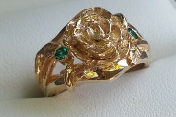 Hand Carved Rose Engagement Ring Gold and Emerald
