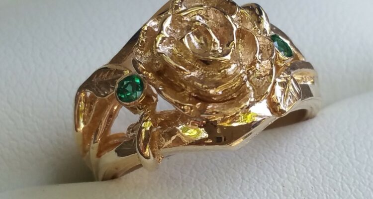 Hand Carved Rose Engagement Ring Gold and Emerald