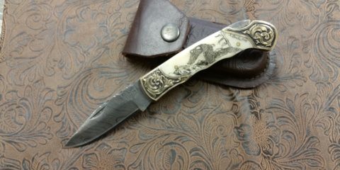 Scrimshaw Eagle Hand Engraved Damascus Steel Knife by Jeff Loehr