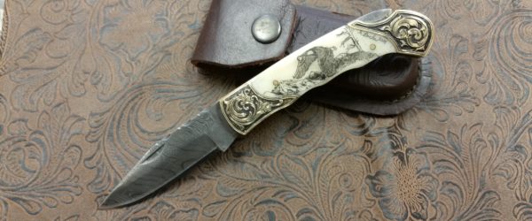 Scrimshaw Eagle Hand Engraved Damascus Steel Knife by Jeff Loehr